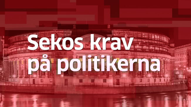 Riksdagshuset i rött med texten "Sekos krav på politikerna"